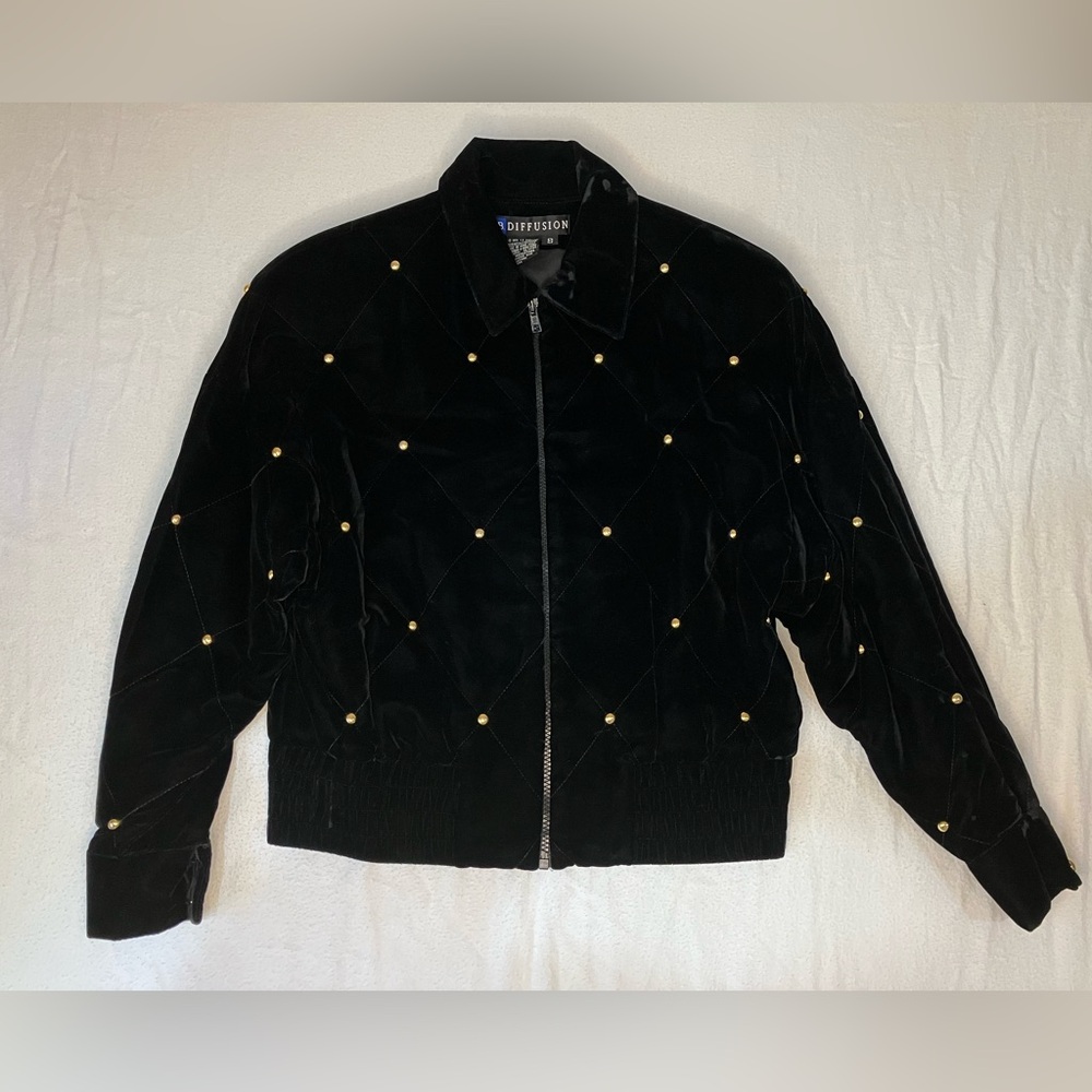 Vintage IB Diffusion Black Velour Bomber Style Jacket W/Gold Stud Embellishments